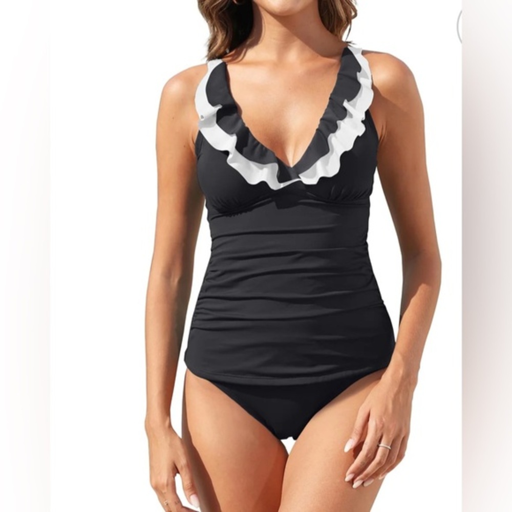 NWT Black Ruffle One Piece Swimsuit | White Trim | Flattering Fit | Classic Chic